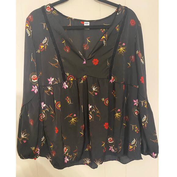 Black Floral Babydoll Tunic V-neck Velvet Trim Long Sleeve Large Whimsigoth Boho - Picture 1 of 8